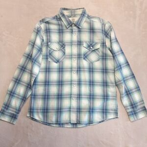 Roebuck & Co Mens Long Sleeve Pearl Snap Button Short Large Blue Plaid Western